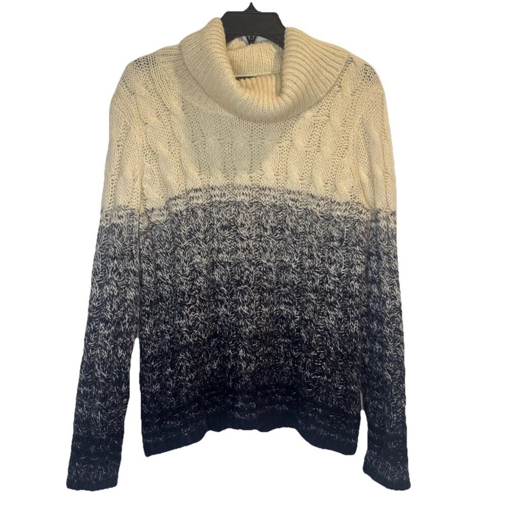 Lauren Ralph Lauren Womens Cream Blue Cowl Neck Cable Mohair‎ Blend Sweater Sz L
